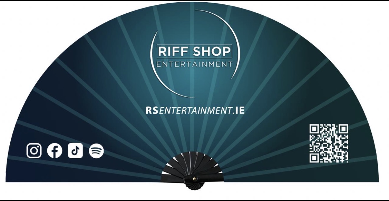 Custom printed Riff Shop Entertainment handheld fan
