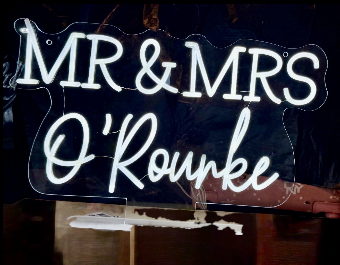 Custom LED sign reading Mr and Mrs O'Rourke